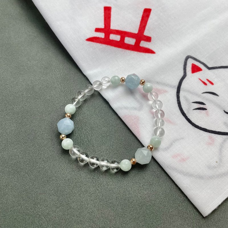 白晶 海藍寶 開運 守護淨化 天然水晶 日本手作 禮物 能量石手鍊 - 手鍊/手環 - 水晶 透明