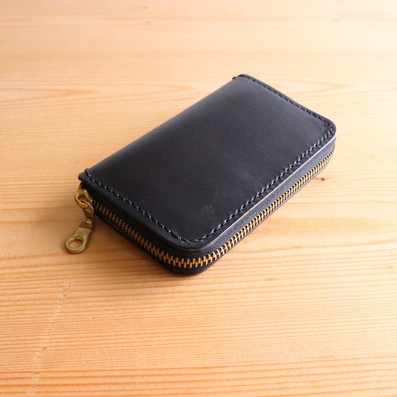 Double zipper coin purse / wallet / small-black body black line - กระเป๋าสตางค์ - หนังแท้ สีดำ