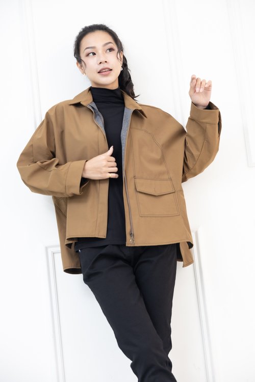 Meya 編縫編織 襯衫領不規則剪裁外套 咖啡色