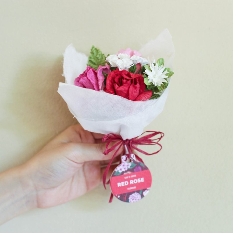 ช่อดอกไม้ขนาดจิ๋ว ดอกกุหลาบโทนสีชมพูแดง - ตกแต่งต้นไม้ - กระดาษ สีแดง