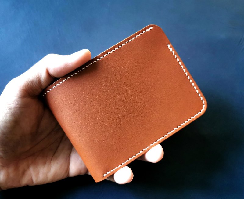 Personalized Slim Short Bi-fold Minimal Wallet Men - Italy Veg Tanned Leather - 長短皮夾/錢包 - 真皮 咖啡色