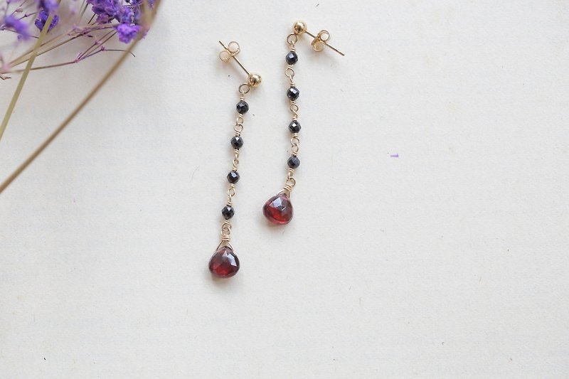 ::jiejie:: Mysterious Classical Women's Earrings│Black Onyx Red Garnet Silver Plated 14K Gold - ต่างหู - เครื่องเพชรพลอย สีดำ