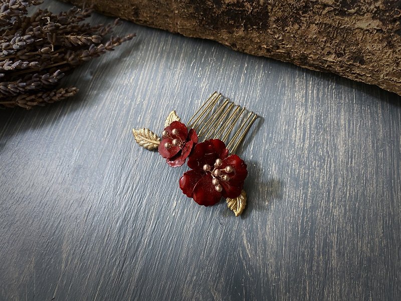 Hand-made bridal accessories, red makeup, hand-dyed Bronze camellia hair comb