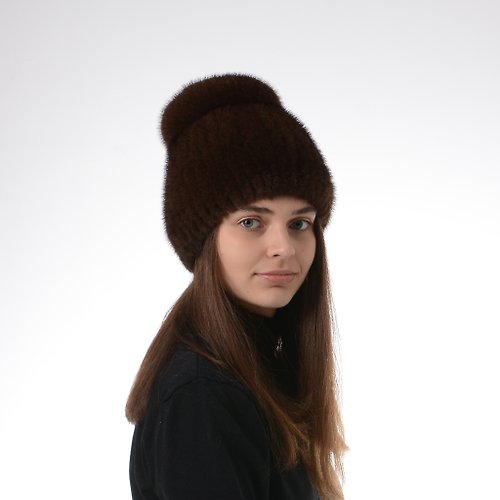 FurStyleUA Women's Knitted Warm 100% Real Luxurious Mink Fur Hat And High Top Sports Beanie