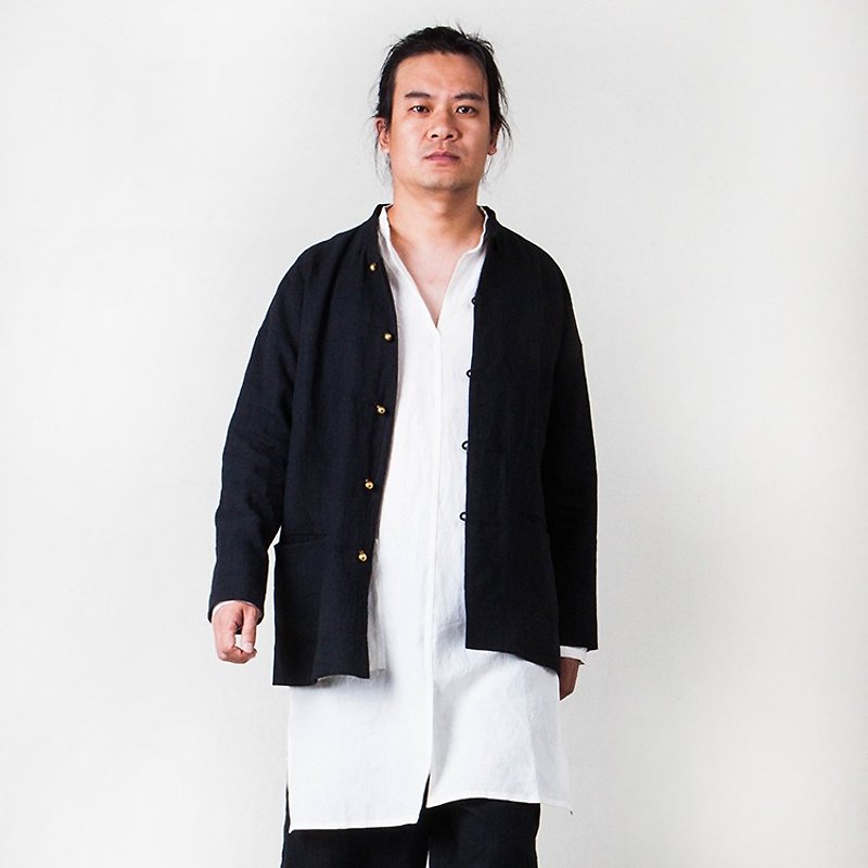 リネンのブロンズのバックルの新しい中国の男性のコート - アウター メンズ - コットン・麻 ブラック
