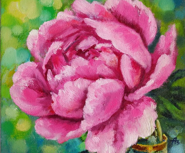 ピンクの牡丹の絵の花 オリジナル油絵 花 20 x 20 cm by azaart
