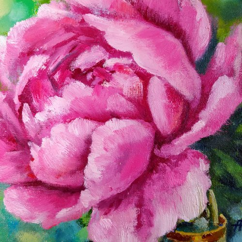 絵画 油絵　牡丹 ピンクの牡丹の絵の花 オリジナル油絵 花 20 x 20 cm by azaart