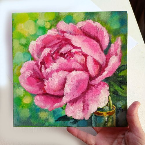 ピンクの牡丹の絵の花 オリジナル油絵 花 20 x 20 cm by azaart