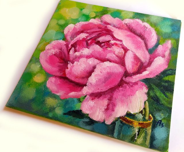 ピンクの牡丹の絵の花 オリジナル油絵 花 20 x 20 cm by azaart