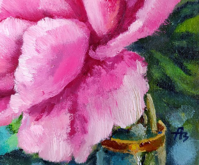 ピンクの牡丹の絵の花 オリジナル油絵 花 20 x 20 cm by azaart