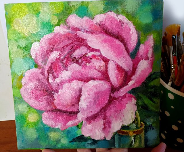 ピンクの牡丹の絵の花 オリジナル油絵 花 20 x 20 cm by azaart