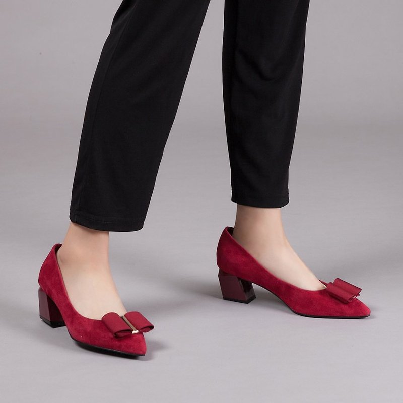 Zero Code-[Fashion Stretching Platform] Big Bow Knot Full Leather Geometric Shaped Heel Shoes_ Strong Love Mellow Red