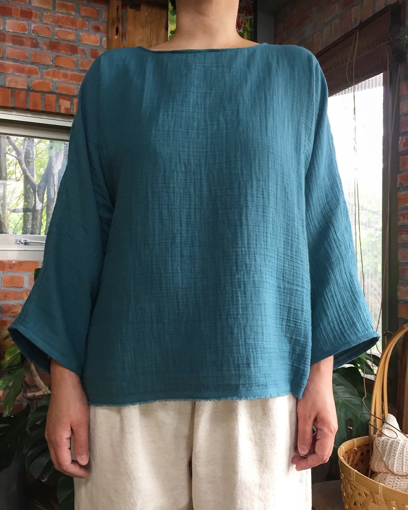 Soft double layer sleeves wide sleeve top - Women's Tops - Cotton & Hemp Green
