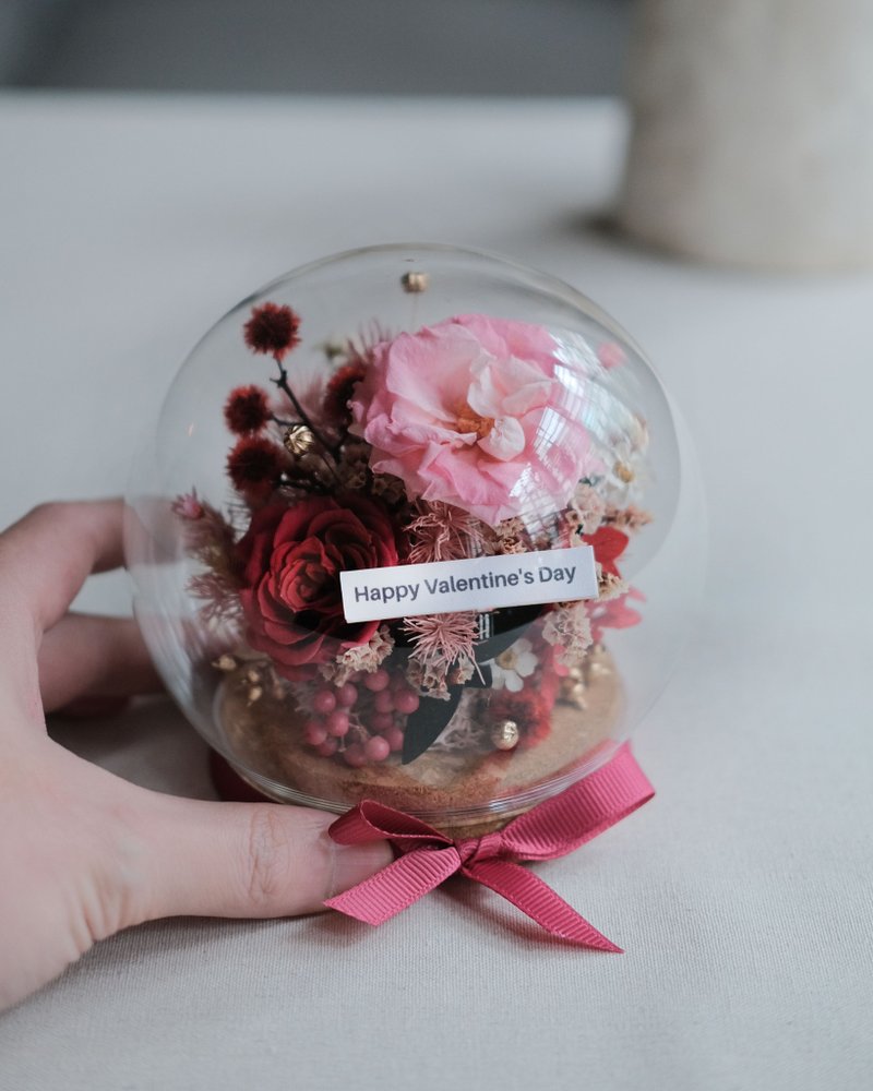 母親節永生花/乾燥花圓球玻璃盅/酒紅薔薇色/生日禮物/刻字/母親 - 乾燥花/永生花 - 植物．花 