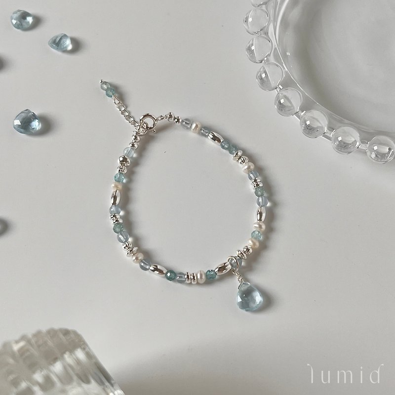 Aquamarine Stone Freshwater Pearl/Natural Crystal Bracelet Customized Gift Natural Stone - Bracelets - Crystal Blue