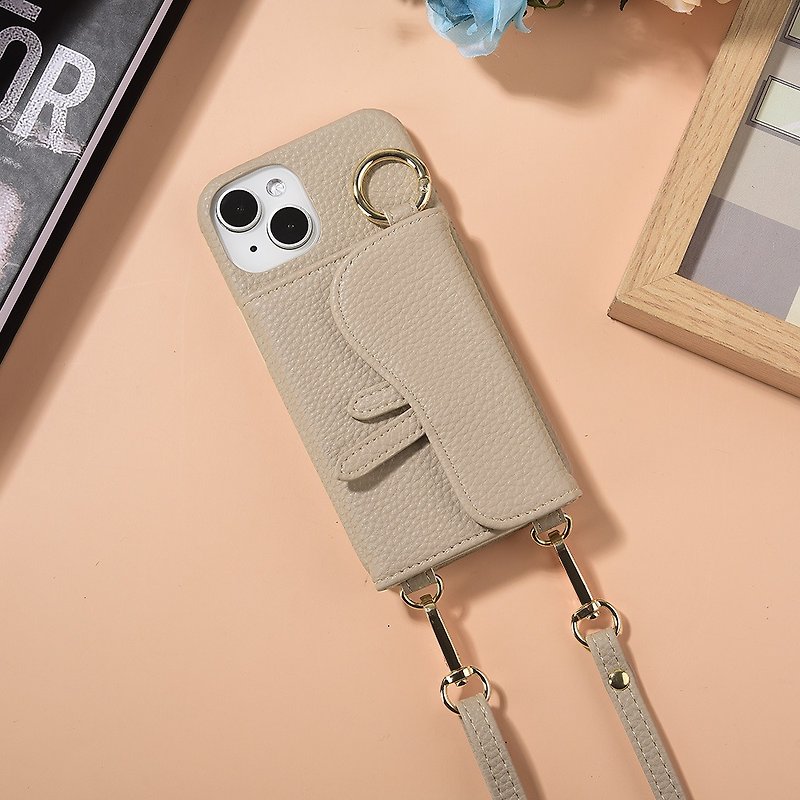 Yaguchi iPhone 14 Series Saddle Card Holder Mobile Phone Leather Case with Beauty Mirror and Leather Strap - Khaki - อุปกรณ์เสริมอื่น ๆ - หนังเทียม 
