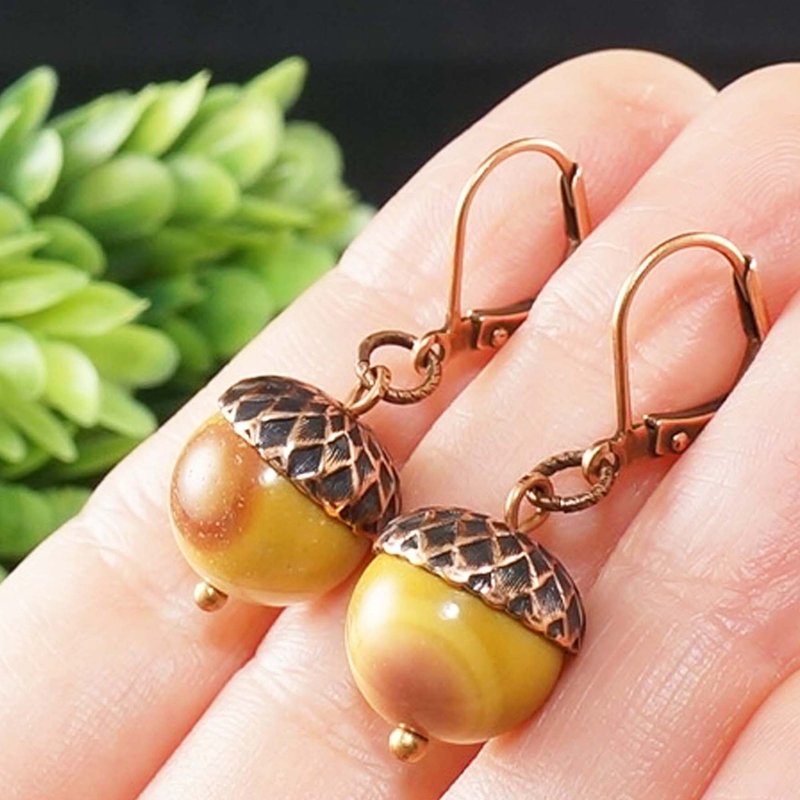 Copper Acorn Yellow Mookaite Jasper Forest Nature Statement Jewelry Earrings - ต่างหู - เครื่องประดับพลอย สีเหลือง