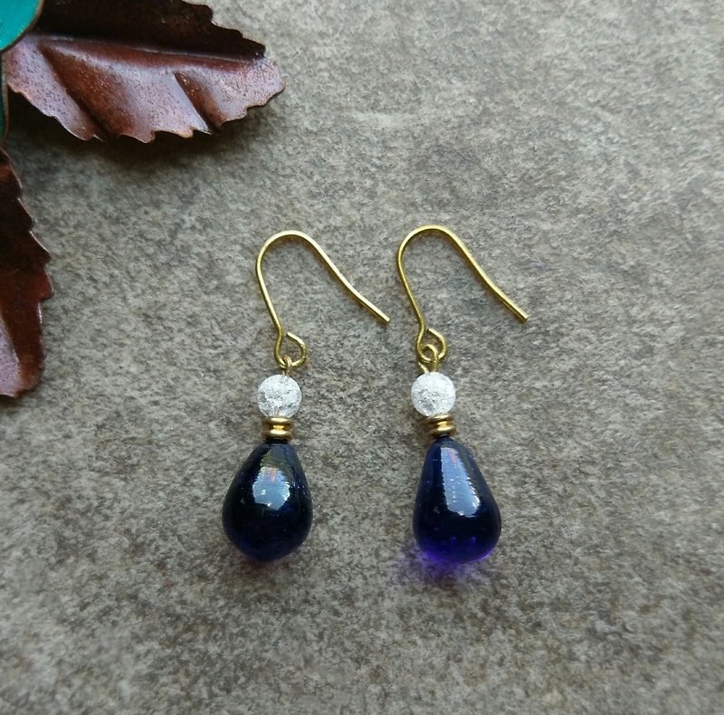 Blue water drop glass earrings - Earrings & Clip-ons - Other Metals 