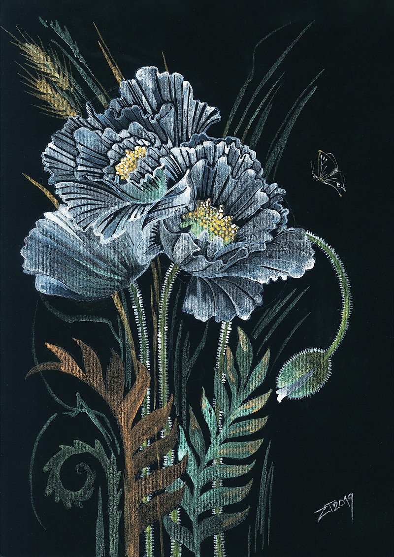 Original watercolor painting White poppies flowers on black paper 12 by 16 inch