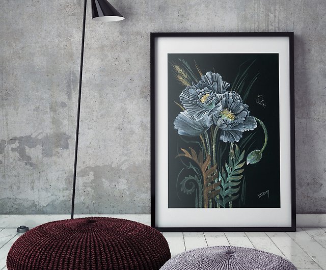 Original watercolor painting White poppies flowers on black paper 12 by 16  inch - Shop ZazullaArt Wall Décor - Pinkoi