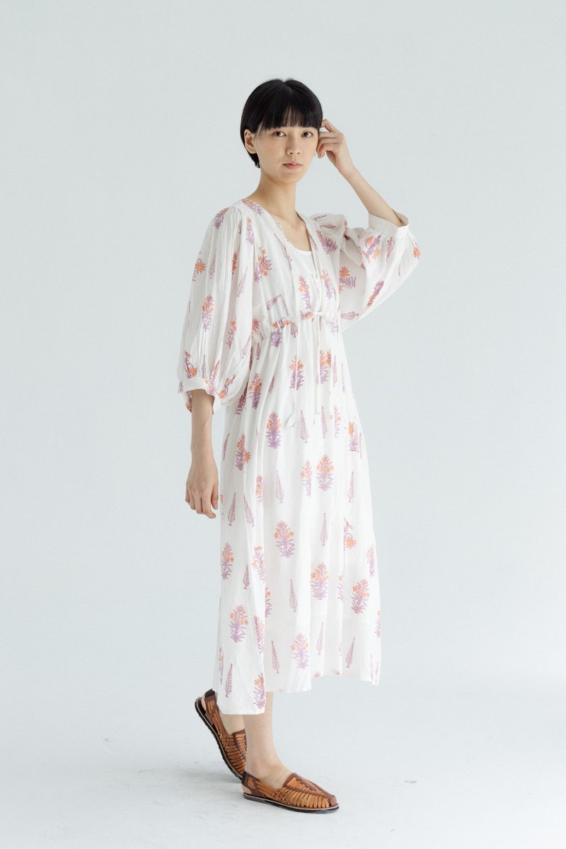 Front tie puff sleeves waist dress_white bottom pattern (with lining) - One Piece Dresses - Cotton & Hemp White