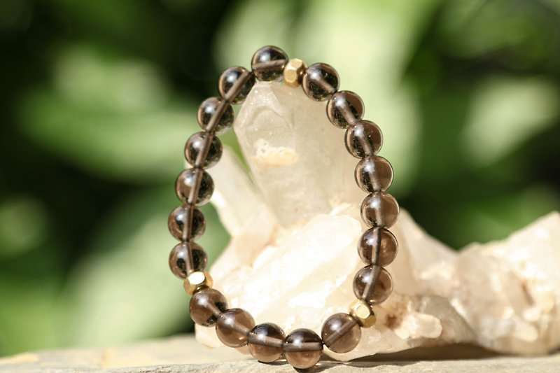【Series of Bracele】8mm Smoky quartz bracelet with brass beads - Bracelets - Gemstone Multicolor
