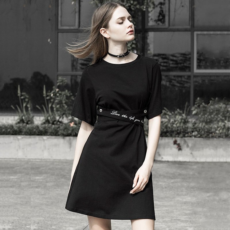 龐克街頭腰帶純棉連衣裙 / 附腰帶 / 寬鬆版型 - 連身裙 - 其他材質 黑色