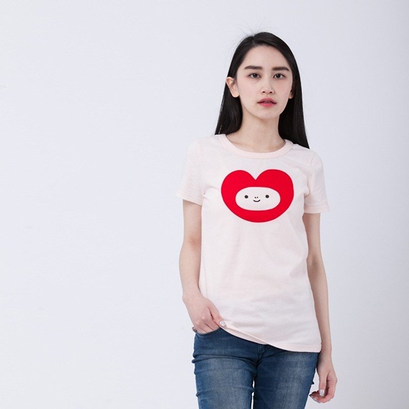 heart &amp; red face peach cotton T-shirt Women / pink - เสื้อยืดผู้หญิง - ผ้าฝ้าย/ผ้าลินิน สึชมพู