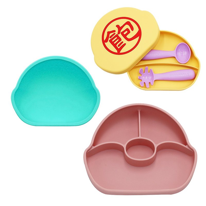 Silicone Children's Tablewear Multicolor - Split plate without turning over (powder) + suction cup bowl (Teal) + Silicone box (yellow-full) + learning tableware set (purple)