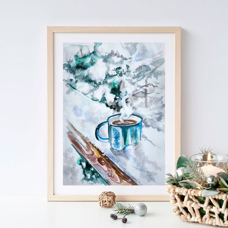 Cup Christmas Watercolor drawing on paper, Boho decor, Winter original art - ตกแต่งผนัง - กระดาษ สีเทา