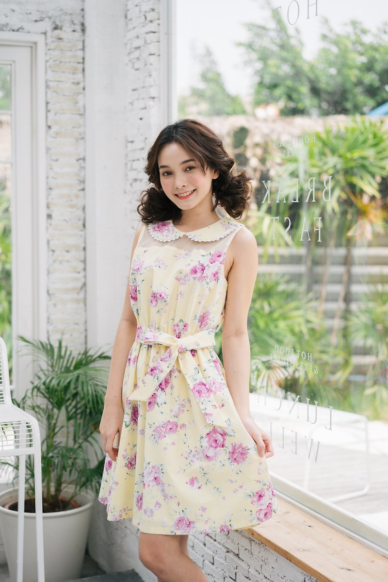 Collar Dress Cotton Dress Yellow Floral Summer Dress Vintage Style  - One Piece Dresses - Cotton & Hemp Yellow