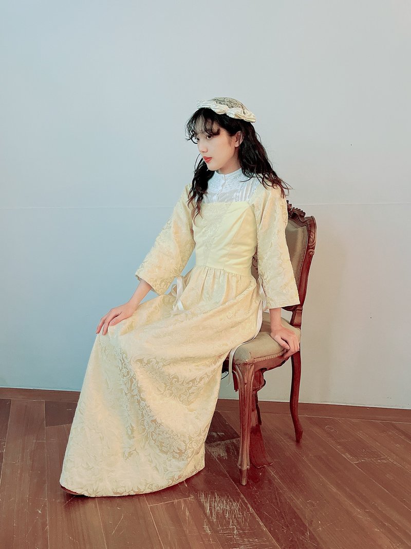 裊裊百貨公司-Vintage 鵝黃花卉暗紋綁帶馬甲禮服洋裝 - 洋裝/連身裙 - 棉．麻 