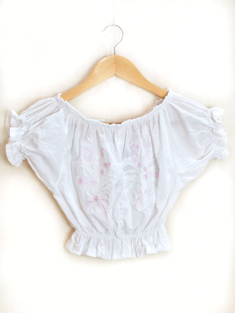 Other Materials Women's Shirts - Vintage Remake Cropped Embroidered White Shirt with Pink Butterflies