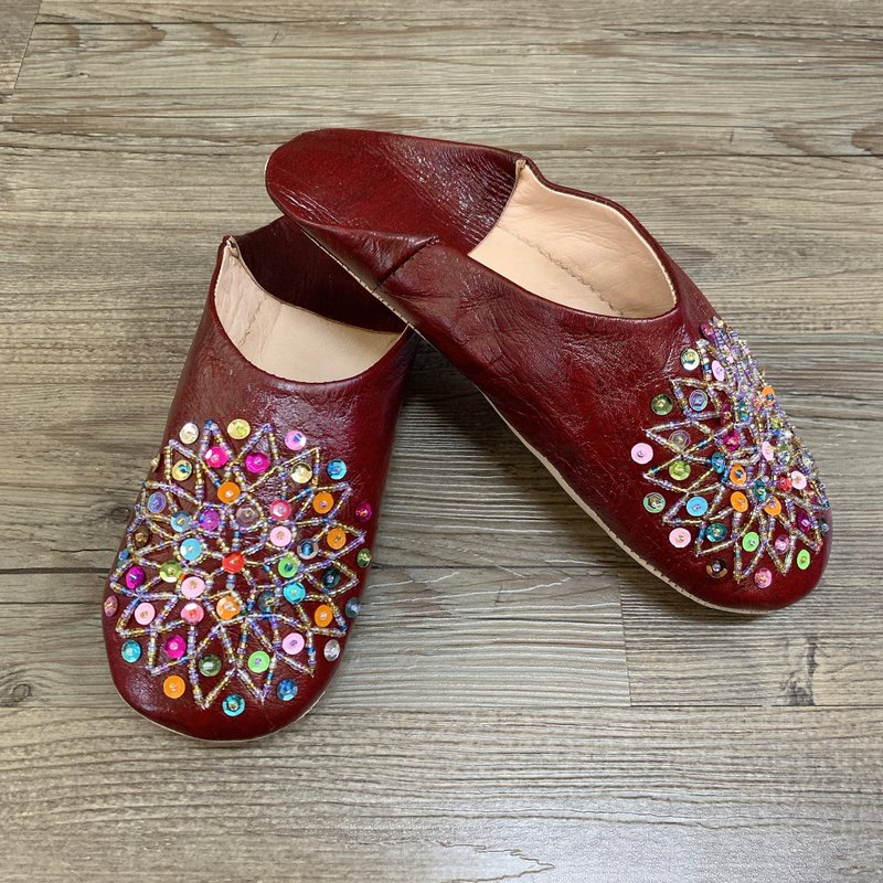 摩洛哥 babouche 室內拖鞋 珠串刺繡 香料糖果 - 室內拖鞋 - 真皮 咖啡色