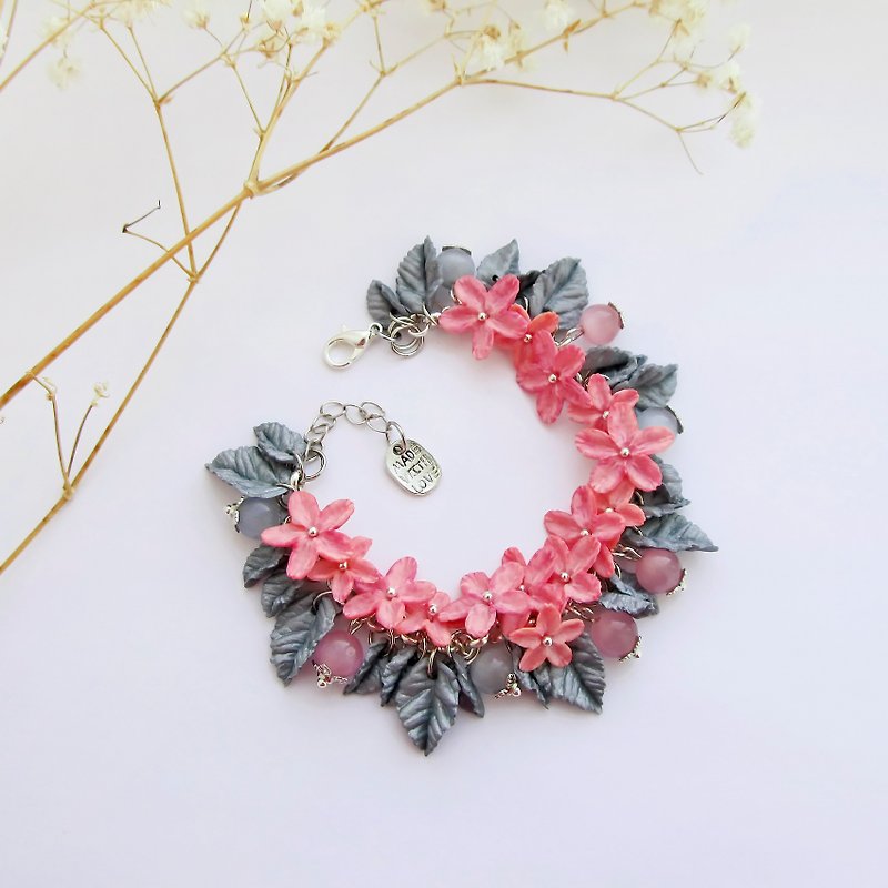 Clay Bracelets Pink - Flowers bracelet Pink flower Floral bracelet Flower clay
