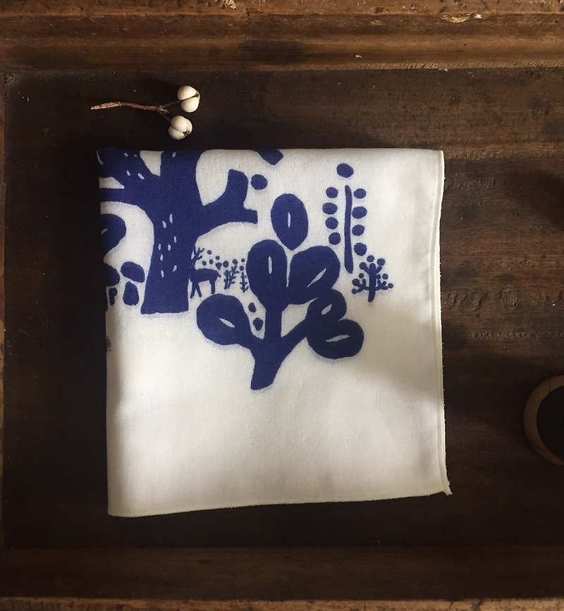Illustration series / girl with black forest - dark blue / double yarn handkerchief 100% cotton - Handkerchiefs & Pocket Squares - Cotton & Hemp 