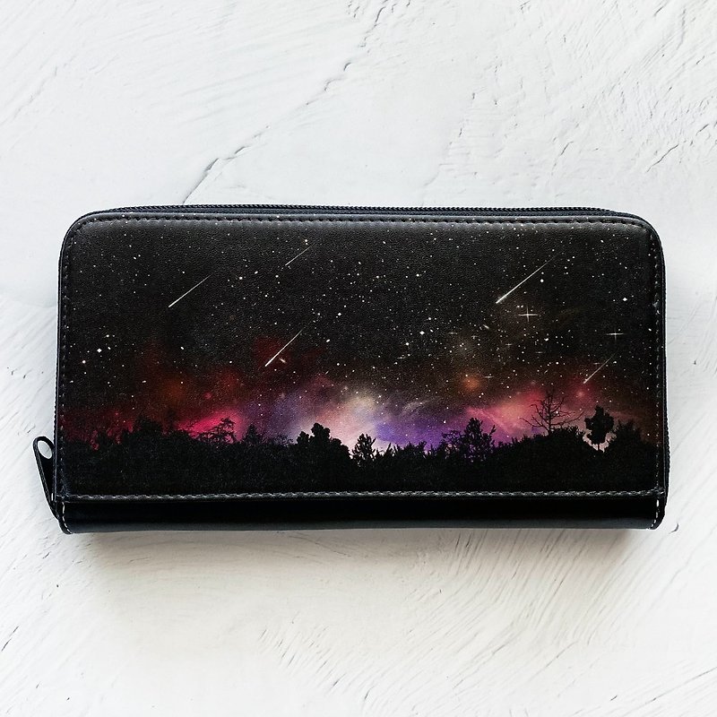 Long Wallet Meteor BLACK / coin case / card case / starry sky / star / galaxy - กระเป๋าสตางค์ - หนังเทียม สีดำ