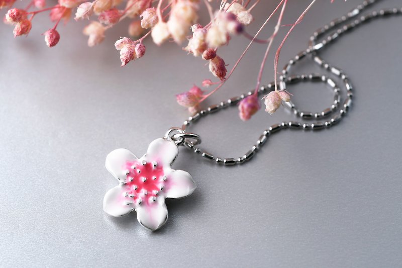 Flower Series Good Luck Peach Blossom Necklace Handmade Enamel Colored Model (NLAJA0996N) - Necklaces - Silver Pink
