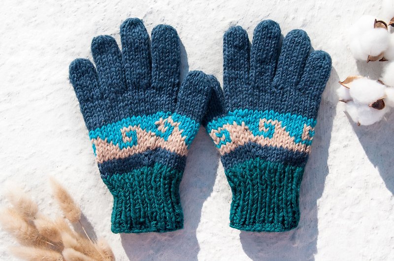 Hand-woven wool knit gloves / knit pure wool warm gloves / full toe gloves - Mediterranean blue ocean - Gloves & Mittens - Wool Multicolor