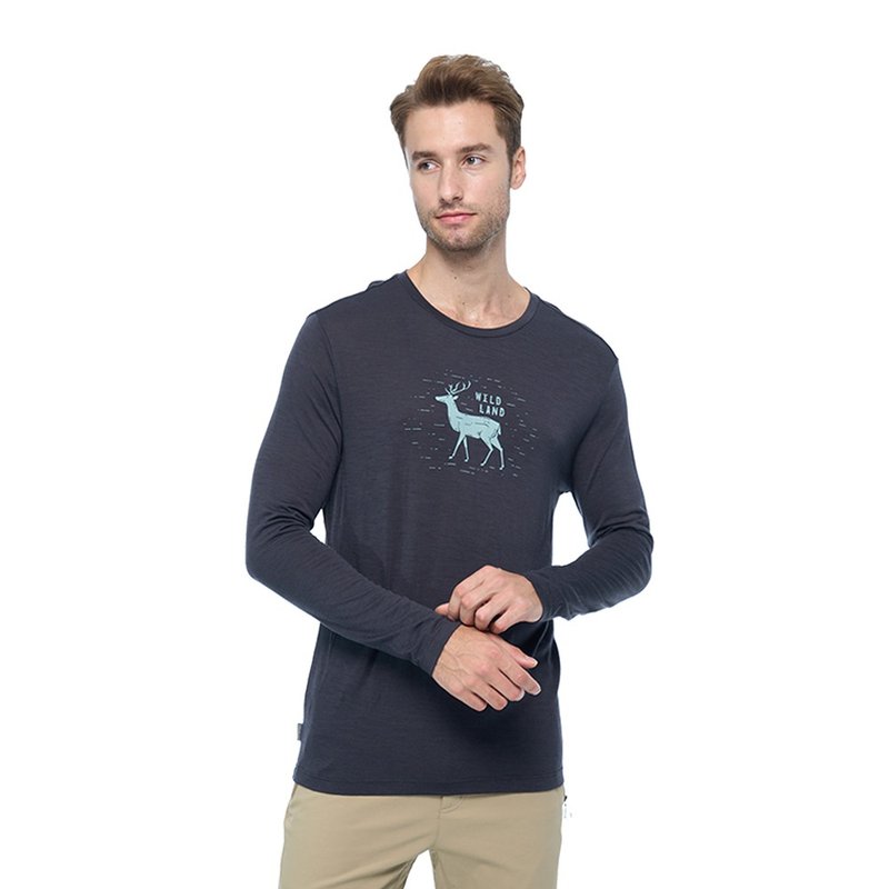 【Wildland 荒野】100%美麗諾印花長袖上衣 男 深灰 0B02602-93 - 男毛衣/針織衫 - 羊毛 灰色