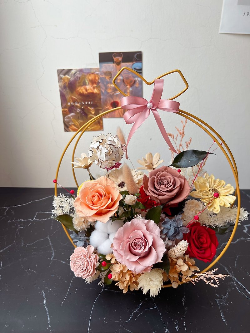 【flower-of-life】gold frame perfect and happy flower ceremony opening flower pot entry ceremony - Dried Flowers & Bouquets - Plants & Flowers Multicolor