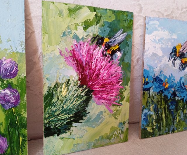 蜂の絵の花の壁アート原画油絵 10*15 センチメートル - ショップ