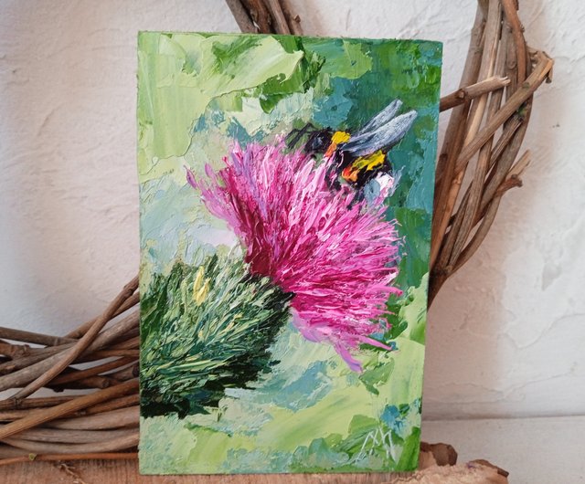 蜂の絵の花の壁アート原画油絵 10*15 センチメートル - ショップ