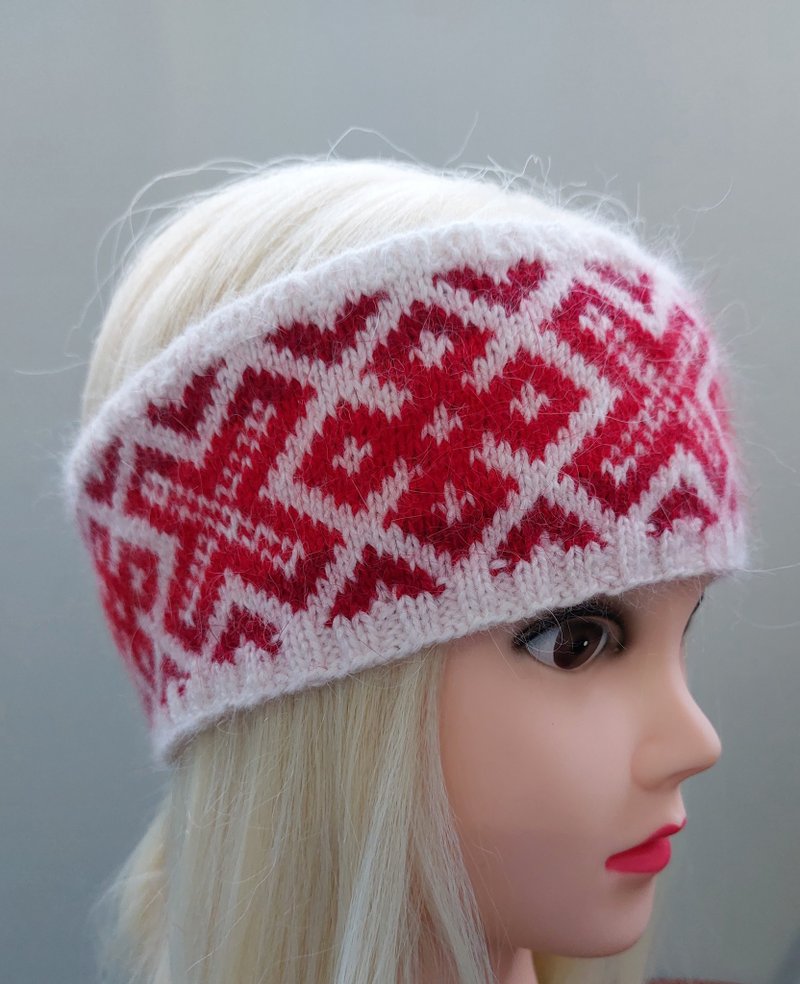 Women's knitted headband red with jacquard pattern - 髮箍/髮帶 - 羊毛 紅色