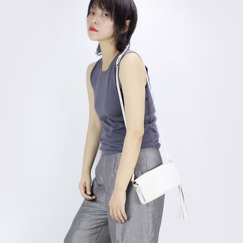 Zemoneni leather fine lady Shoulder bag & Clutch in White color with tassels - Clutch Bags - Genuine Leather White