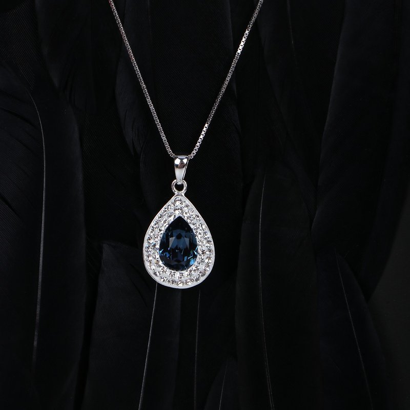 Montana Blue Pear Shaped Halo Pendant Necklace Crystals from Swarovski