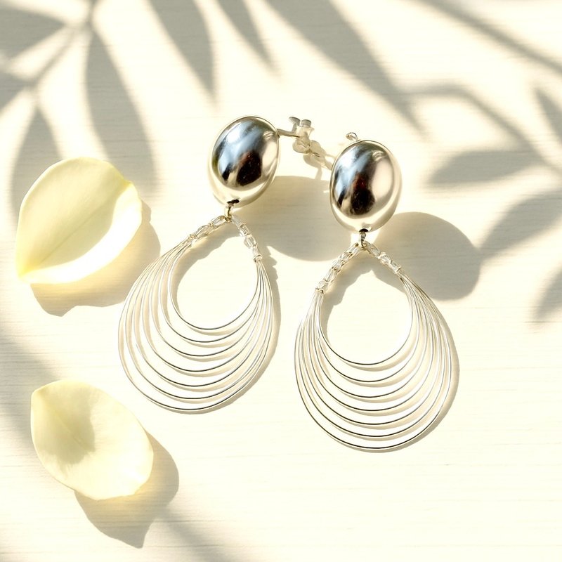 Sterling Silver Layered Oval Drop Earrings | Modern Lightweight Studs - 耳環/耳夾/耳骨夾 - 純銀 銀色