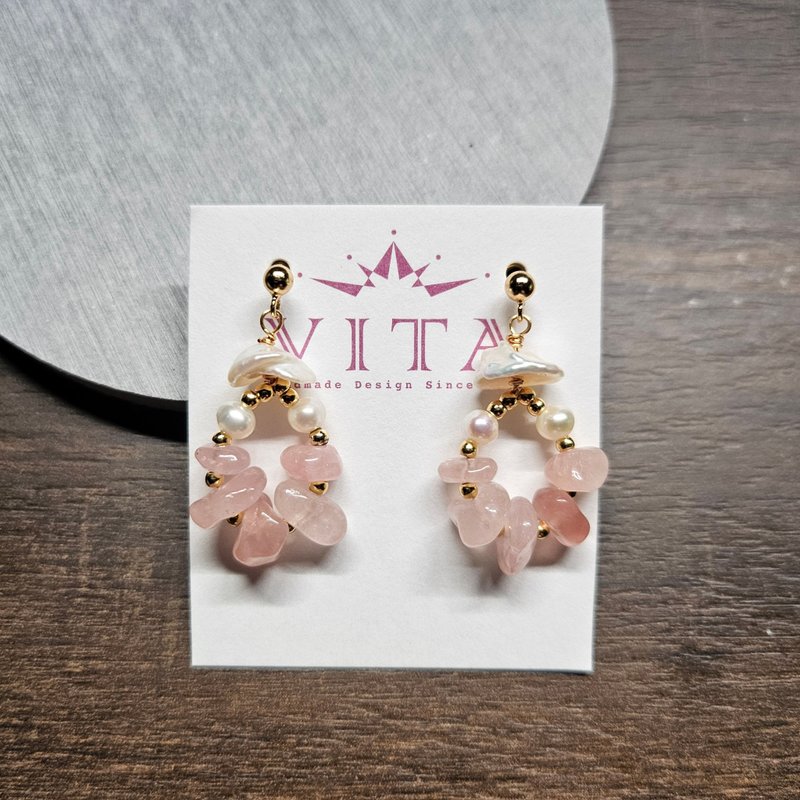 Rose Quartz Hoop Earrings-(Ear Needles/ Clip-On) - ต่างหู - วัสดุอื่นๆ สึชมพู