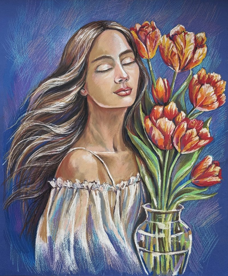 Portrait of a girl Bouquet red tulips oil pastel drawing panting still life art - 壁貼/牆壁裝飾 - 紙 藍色