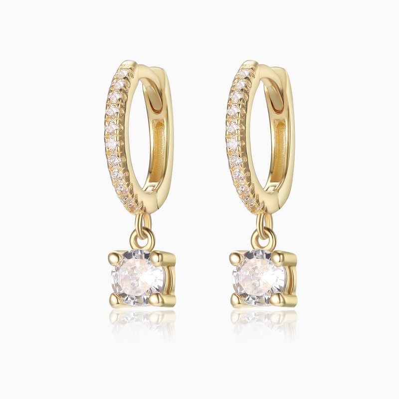 Round Pave CZ Drop Huggies Earrings - 14k gold - 925 sliver - cubic zirconia - Earrings & Clip-ons - Gemstone Transparent